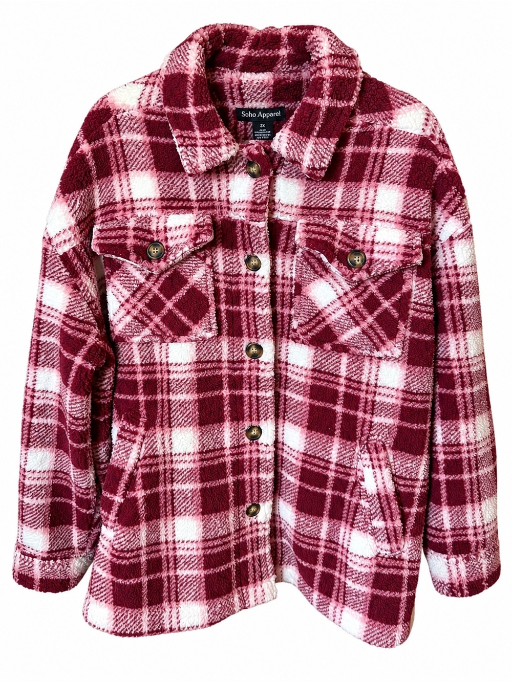 Soho Apparel NWT Plaid Fleece Shacket Jacket Burgundy Cream 2X